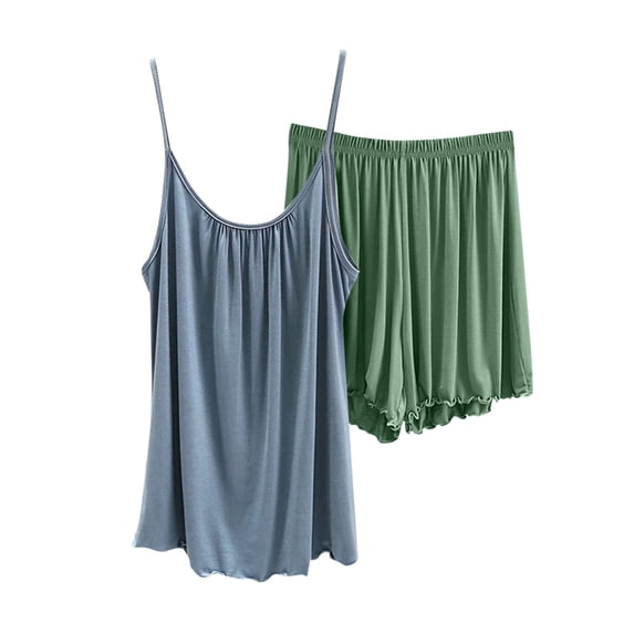 Chbgutlmr Pajamas for Women Set 2 Piece Scoop Neck Sleeveless Tops Ruffle Elastic Waisted Short Loungewear Outfits
