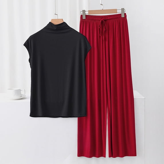 Chbgutlmr Pajamas for Women Set 2 Piece Turtleneck Short Sleeve Tshirts Drawstring Elastic Waisted Pants Outfits