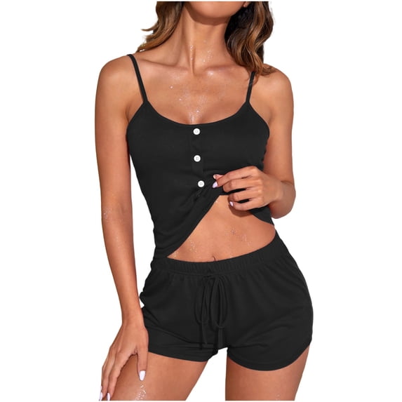 Chbgutlmr Pajamas for Women Set Button Spaghetti Strap Camisole Tops Drawstring Shorts Slim Fitting Homewear Pjs Sets
