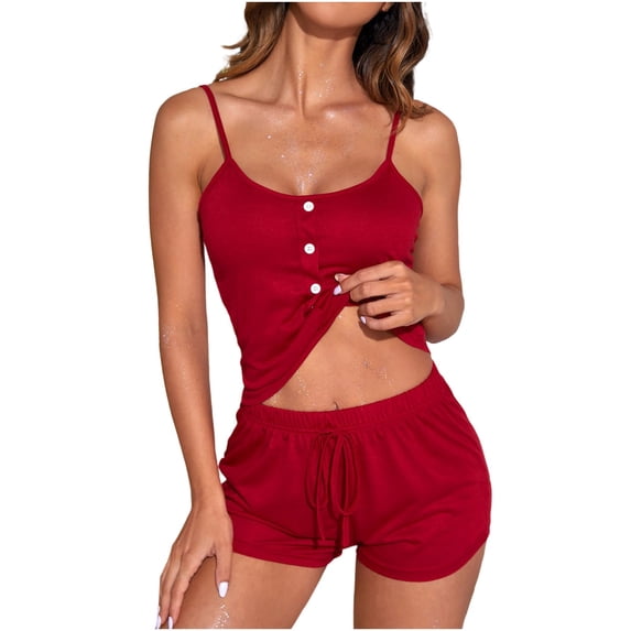Chbgutlmr Pajamas for Women Set Button Spaghetti Strap Camisole Tops Drawstring Shorts Slim Fitting Homewear Pjs Sets