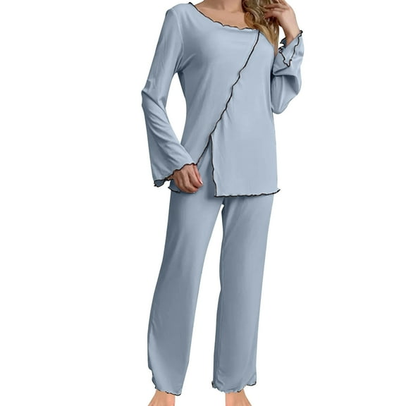 Chbgutlmr Pajamas for Women Sets Long Sleeve Round Neck Side Slit Tops Loose Comfy Pants Casual Stylish Loungewear 2 Piece Pjs