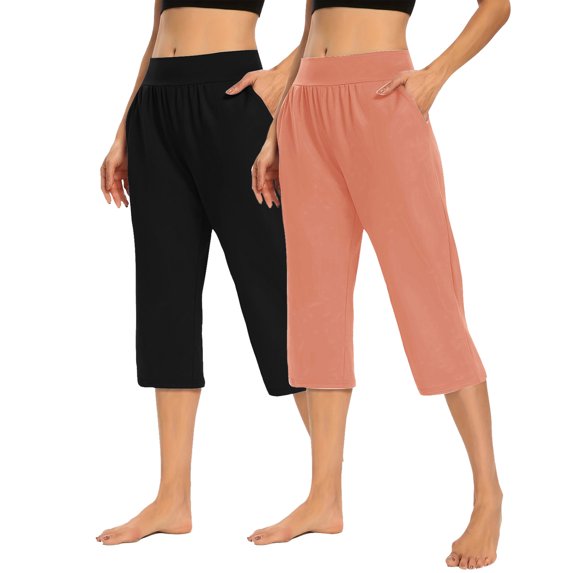 Chbgutlmr Pants for Women 2pc Capris Mid Waisted Cropped Athletic Summer Casual Loose Trousers Pockets