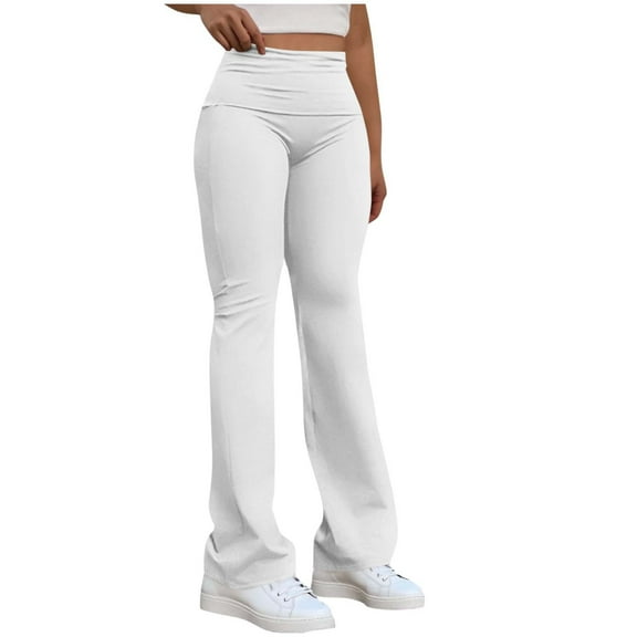 Chbgutlmr Pants for Women Elastic High Waist Straight Leg Solid Color Fold over Casual Trousers Fashion