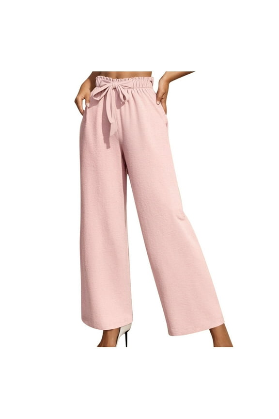 Pants for Women Elastic Waist Straight Leg Pants Ruffle Tie Knot Casual Work Trousers Pockets