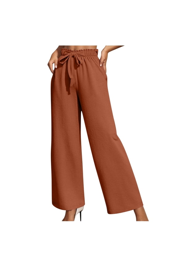 Pants for Women Elastic Waist Straight Leg Pants Ruffle Tie Knot Casual Work Trousers Pockets