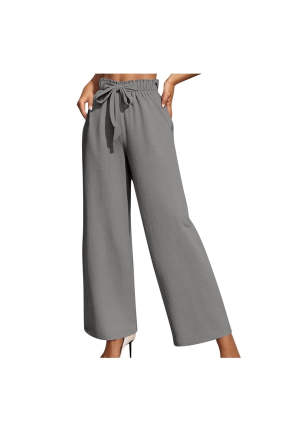 Pants for Women Elastic Waist Straight Leg Pants Ruffle Tie Knot Casual Work Trousers Pockets