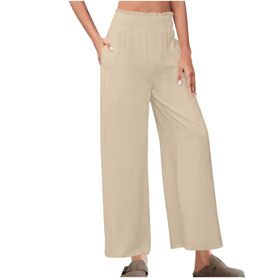 Chbgutlmr Pants for Women Smocked High Waist Straight Leg Cotton Linen Lightweight Loose Casual Trousers