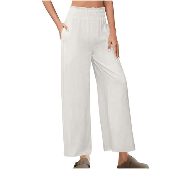 Chbgutlmr Pants for Women Smocked High Waist Straight Leg Cotton Linen Lightweight Loose Casual Trousers