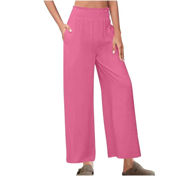 Chbgutlmr Pants for Women Smocked High Waist Straight Leg Cotton Linen Lightweight Loose Casual Trousers
