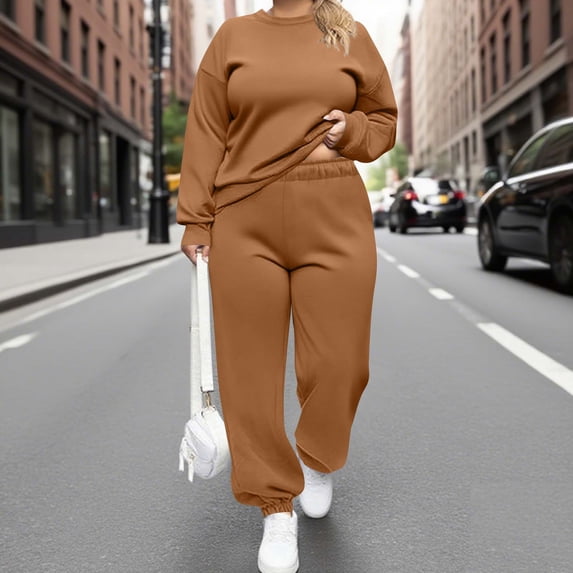 Chbgutlmr Plus Size 2 Piece Sweatsuits for Women Long Sleeve Crew Neck Pullover Cinch Bottom Elastic Waist Pants Casual Fall Outfit Sets