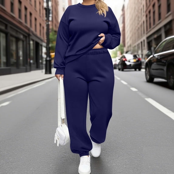 Chbgutlmr Plus Size 2 Piece Sweatsuits for Women Long Sleeve Crew Neck Pullover Cinch Bottom Elastic Waist Pants Casual Fall Outfit Sets