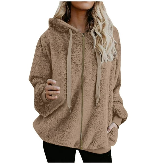 Chbgutlmr Plus Size Jackets for Women Fall Winter Drawstring Fleece Warm Comfy Hooded Outerwear Jacket Zippered Fuzzy Coats