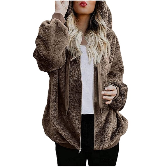 Chbgutlmr Plus Size Jackets for Women Fall Winter Drawstring Fleece Warm Comfy Hooded Outerwear Jacket Zippered Fuzzy Coats