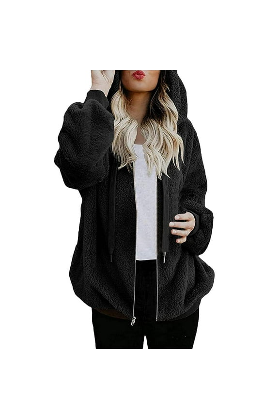Plus Size Jackets for Women Fall Winter Drawstring Fleece Warm Comfy Hooded Outerwear Jacket Zippered Fuzzy Coats