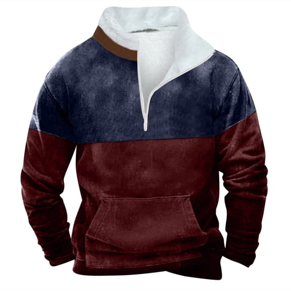 Chbgutlmr Plus Size Mens Sweatshirt Long Sleeve Quarter Zip Pullover Color Block Mock Neck Vintage Patchwork Sweatshirt Pocket