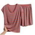 thumbnail image 1 of Chbgutlmr Plus Size Pajamas for Women Sets Lounge V Neck Short Sleeve Tees Wide Leg Shorts Comfy Striped Outfits, 1 of 8