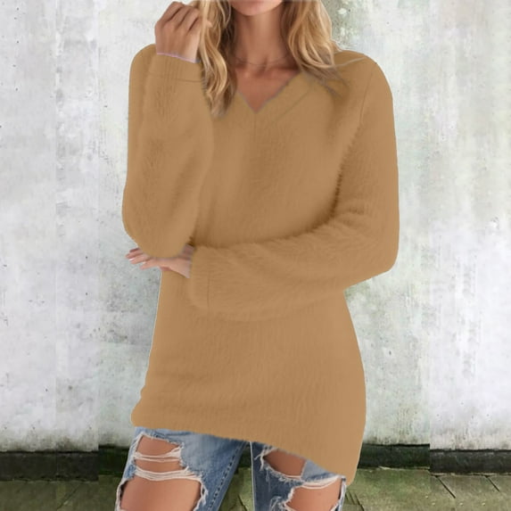 Chbgutlmr Plus Size Plush Tops for Women Long Sleeve V Neck Thermal Tunic Tops Casual Comfy Warm Soft Fall Solid Color Versatile Tops