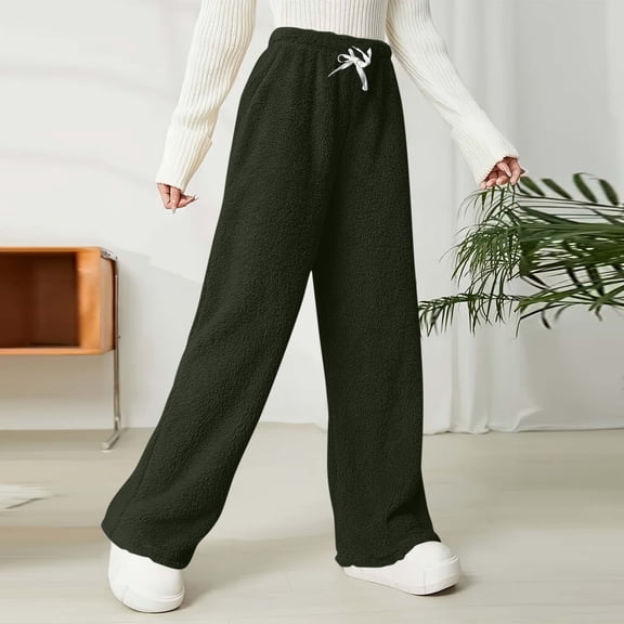 Chbgutlmr Plush Pants for Women Straight Leg Elastic Waist High Rise Drawstring Trousers Casual Warm Winter Comfy Soft Pants