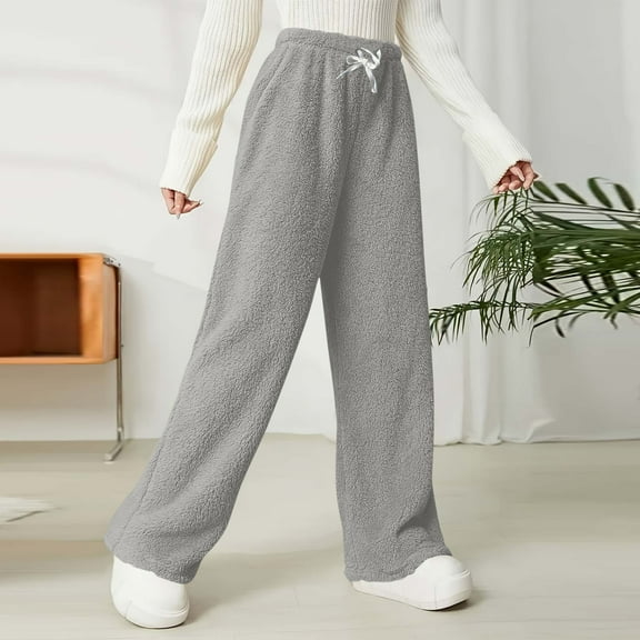 Chbgutlmr Plush Pants for Women Straight Leg Elastic Waist High Rise Drawstring Trousers Casual Warm Winter Comfy Soft Pants