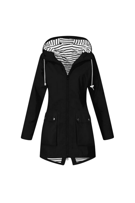 Rain Jacket Women Long Sleeve Drawstring Zip up Tunic Windbreaker Slim Casual Outdoor Active Hooded Coat with Pockets