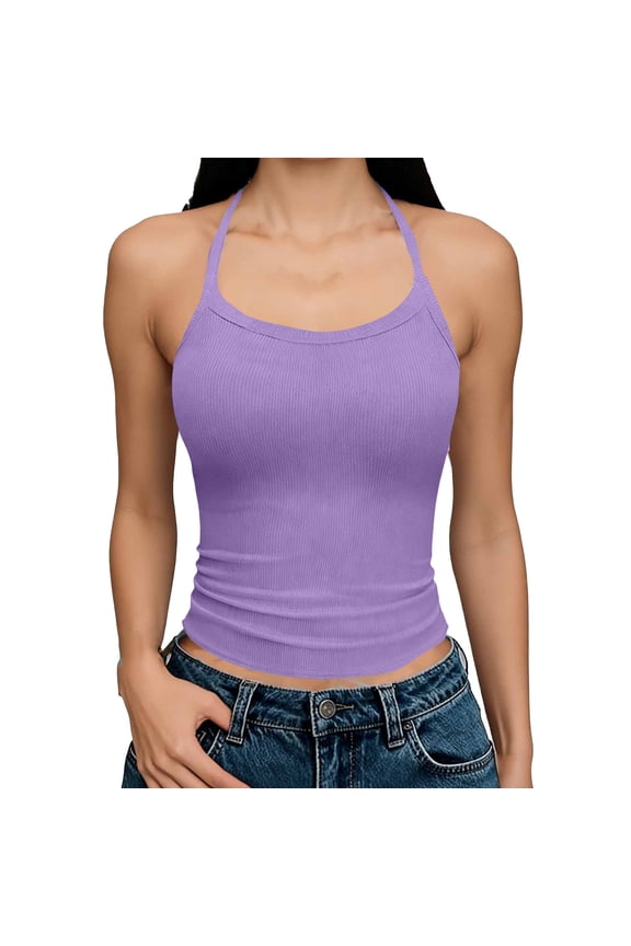 Ribbed Halter Tank Tops for Women Sleeveless Backless Slim Fitted Crop Tops Casual Summer Comfy Stretch Basic Cute Tops