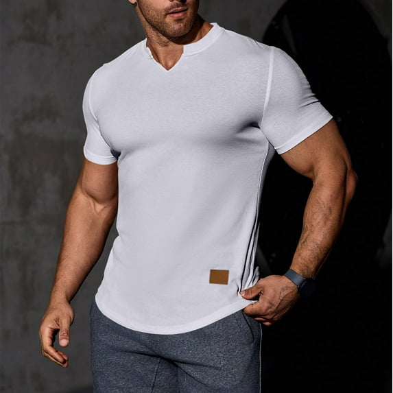 Chbgutlmr Ribbed Shirts for Men Short Sleeve Notch Neck Curved Hem Fitted T-Shirts Casual Summer Stretch Workout Gym Tees