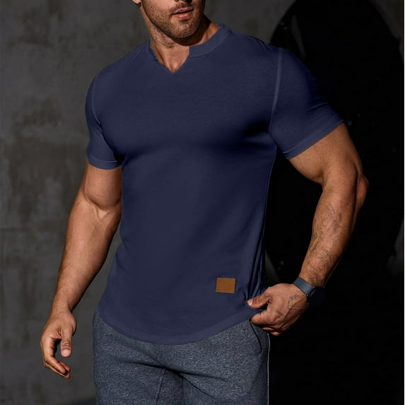 Chbgutlmr Ribbed Shirts for Men Short Sleeve Notch Neck Curved Hem Fitted T-Shirts Casual Summer Stretch Workout Gym Tees