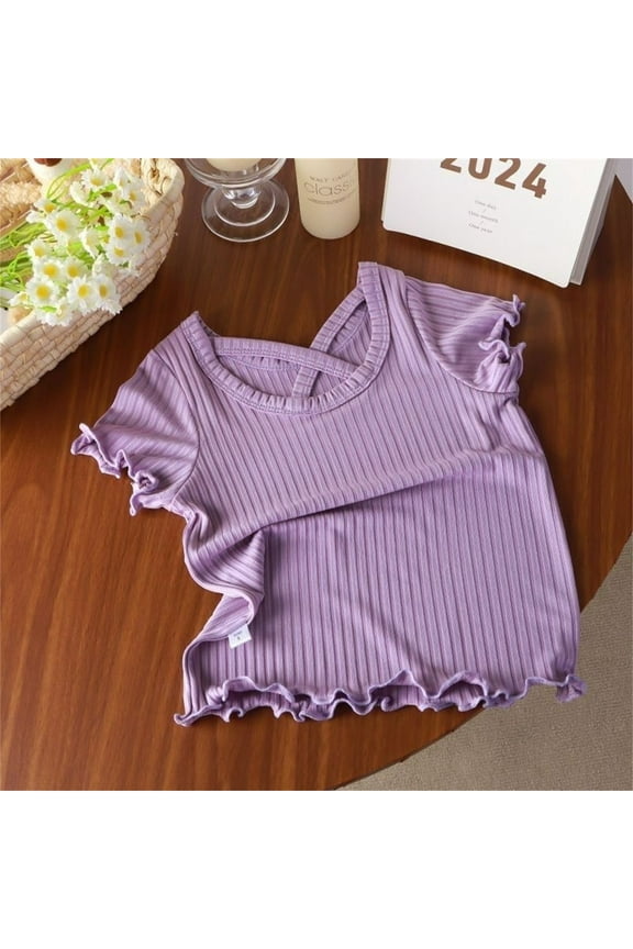 Ribbed Tops for Girls Short Sleeve Cross Front Crew Neck Ruffled Blouse Tops Casual Summer Comfy Kids Tees