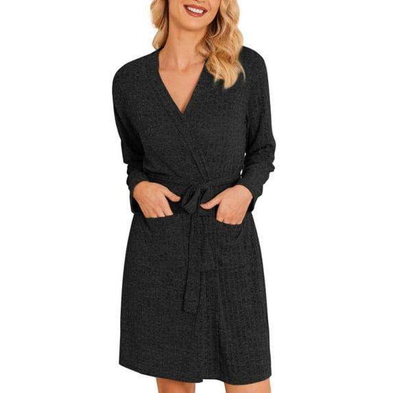 Chbgutlmr Robes for Women Knee Length Lightweight Bathrobe Long Sleeve Ribbed Knit Nightgown with Pockets
