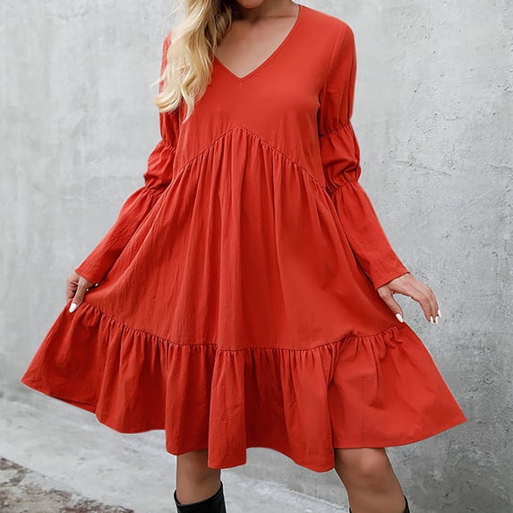 Chbgutlmr Ruffled Dresses for Women Long Sleeve V Neck Knee Length Dress Casual Summer Flowy A-Line Dress