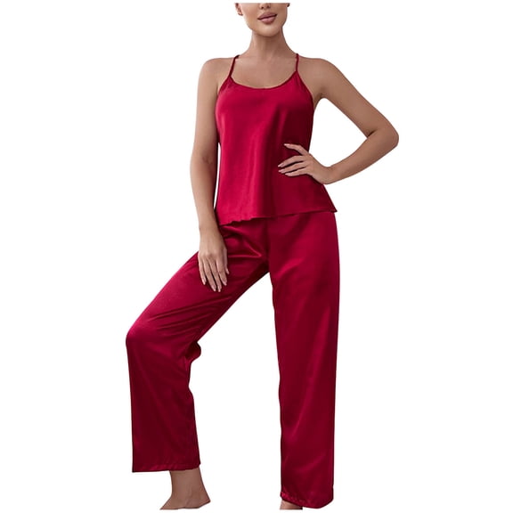 Chbgutlmr Satin 2 Piece Sets for Women Pajamas Sleeveless Criss Cross Top and Pants Sleepwear Matching Sets
