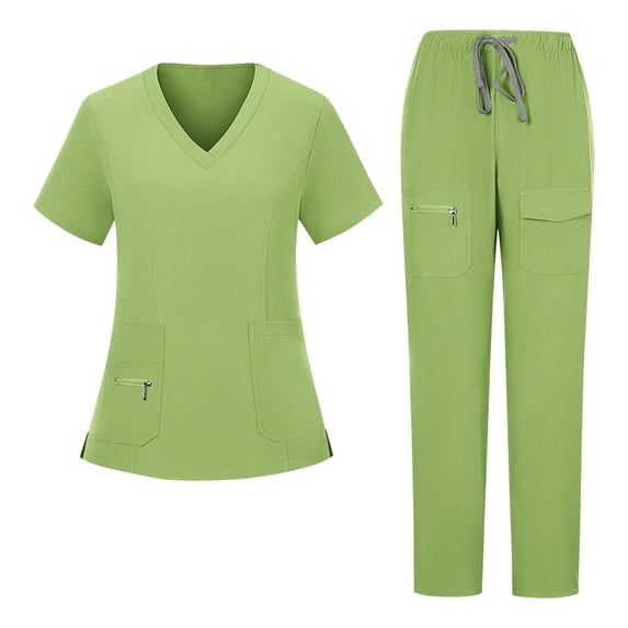 Chbgutlmr Scrubs for Women Set Short Sleeve V Neck T-Shirts Elastic Waist Drawstring Pants Casual Medical Workwear Uniform with Zip Pockets