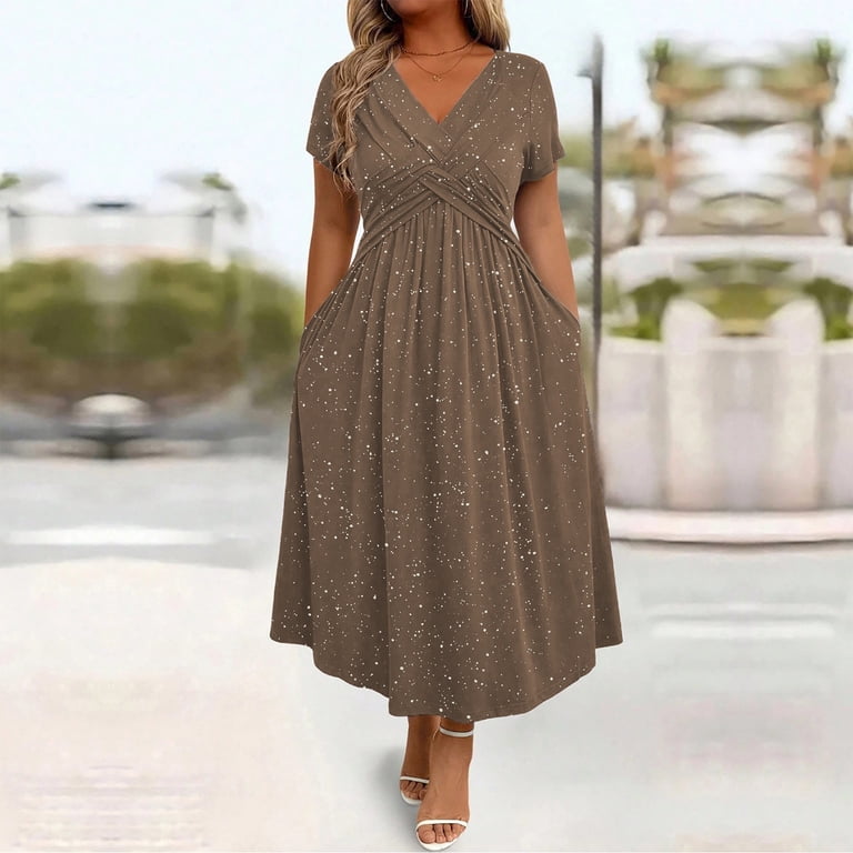 Chbgutlmr Sequin Dresses for Women Short Sleeve Cross Front V Neck Ruched Midi Dress Casual Loose Summer Glitter Trendy Dress
