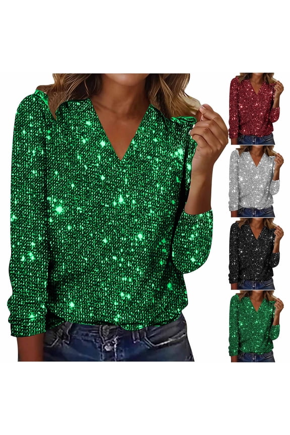 Sequin Shirts for Women Sparkly Glitter Blouse Long Sleeve V Neck Pullover Tops Casual Trendy Evening Party Dressy T-shirts