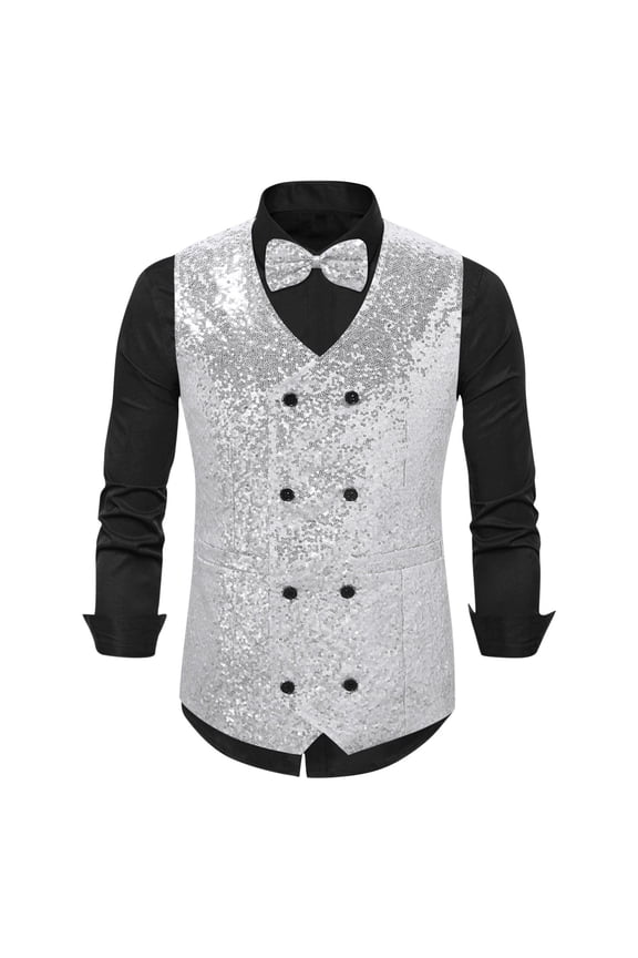 Sequin Vests for Men Double Breasted V Neck Shiny Waistcoat Bowtie Set Prom Party Vests Casual Dressy Sparkly Vests