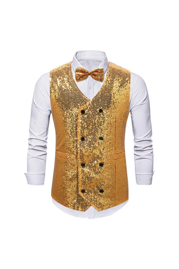 Sequin Vests for Men Double Breasted V Neck Shiny Waistcoat Bowtie Set Prom Party Vests Casual Dressy Sparkly Vests