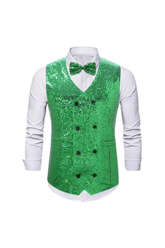 Sequin Vests for Men Double Breasted V Neck Shiny Waistcoat Bowtie Set Prom Party Vests Casual Dressy Sparkly Vests