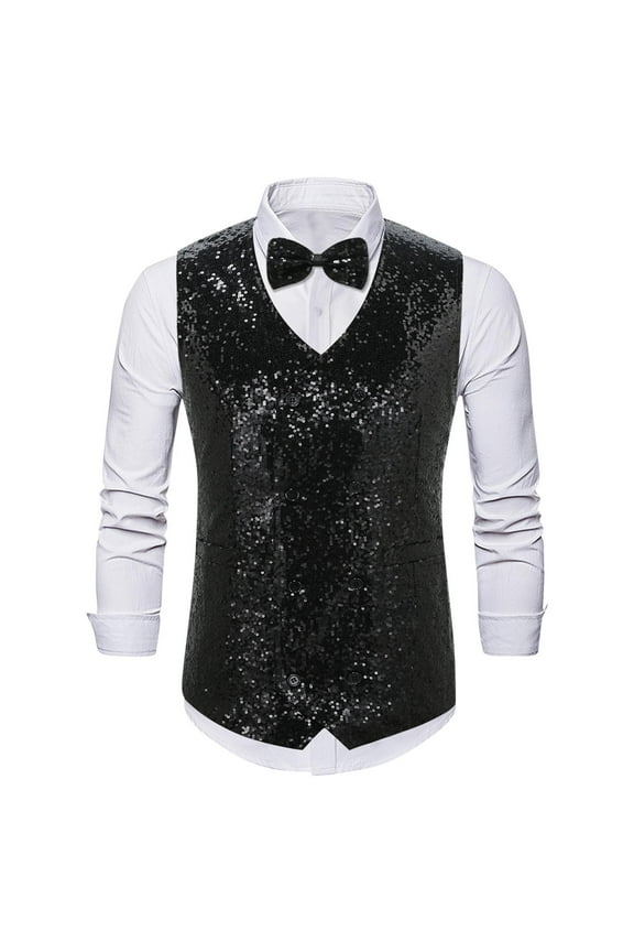 Sequin Vests for Men Double Breasted V Neck Shiny Waistcoat Bowtie Set Prom Party Vests Casual Dressy Sparkly Vests