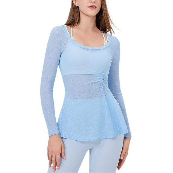 Chbgutlmr Sheer Tops for Women Long Sleeve Mesh Ruched Tunic Tops Slim Casual Gym Workout Athletic Shirts