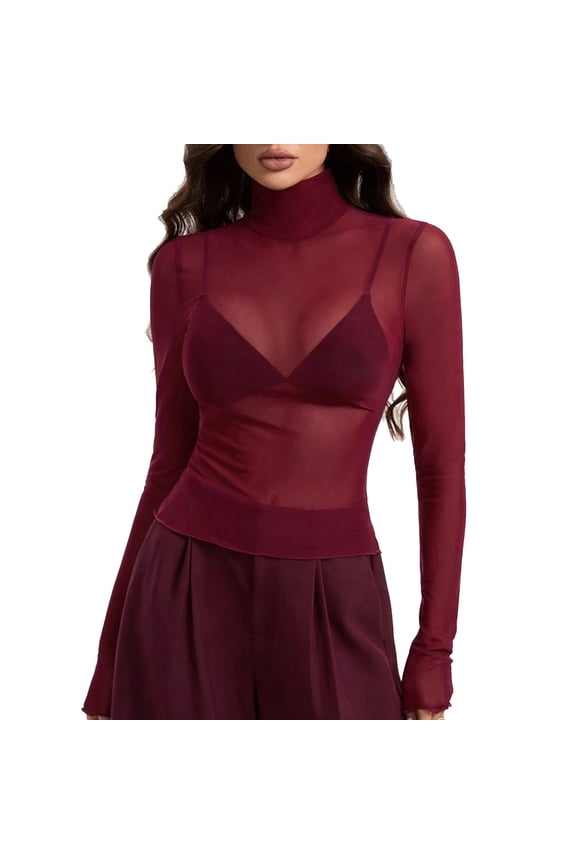 Sheer Tops for Women Mesh Long Sleeve High Neck Slim Fitting Shirts Trendy Going out Tops Summer
