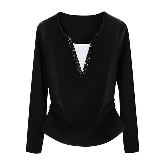 Chbgutlmr Shirts for Women Casual V Neck Rhinestone Long Sleeve Ruched Slim Fitting Fall Tunic Tops Trendy