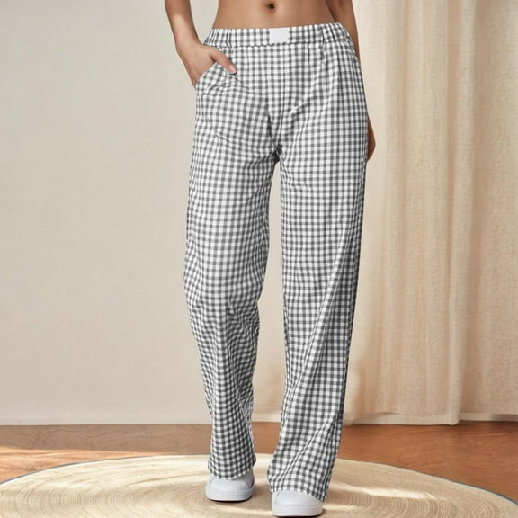 Chbgutlmr Sleepwear Pants for Women Plaid Straight Leg Elastic Waist Pants Casual Loose Comfy Loungewear Homewear Pants