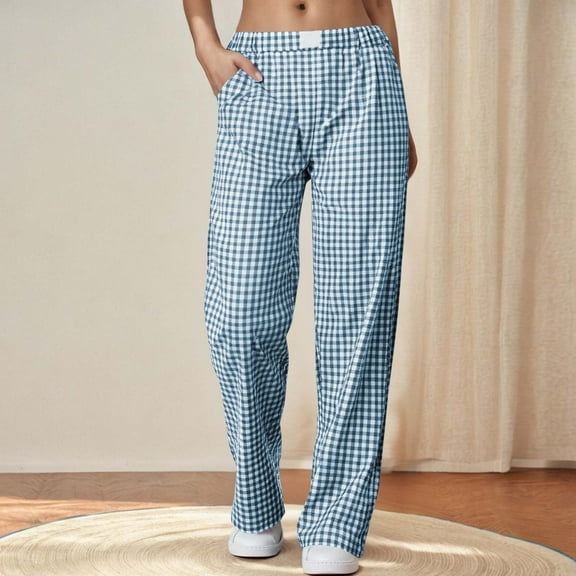 Chbgutlmr Sleepwear Pants for Women Plaid Straight Leg Elastic Waist Pants Casual Loose Comfy Loungewear Homewear Pants