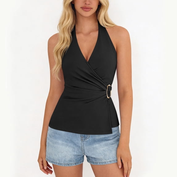 Chbgutlmr Sleeveless Tops for Women Tie Back Halter Deep V Neck Ruched Backless Blouse Tops Casual Summer Dressy Cute Shirts