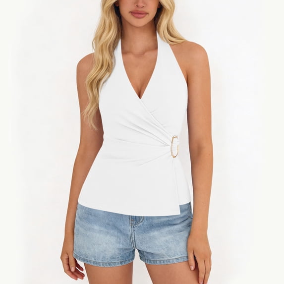 Chbgutlmr Sleeveless Tops for Women Tie Back Halter Deep V Neck Ruched Backless Blouse Tops Casual Summer Dressy Cute Shirts