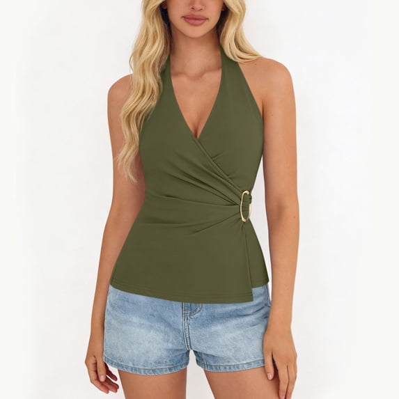 Chbgutlmr Sleeveless Tops for Women Tie Back Halter Deep V Neck Ruched Backless Blouse Tops Casual Summer Dressy Cute Shirts