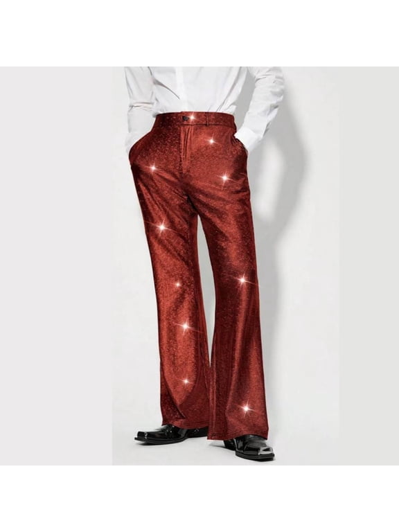 Sparkly Pants for Men Bell Bottom High Waisted Flat Front Flare Pants Casual Dressy Party Performance Pants