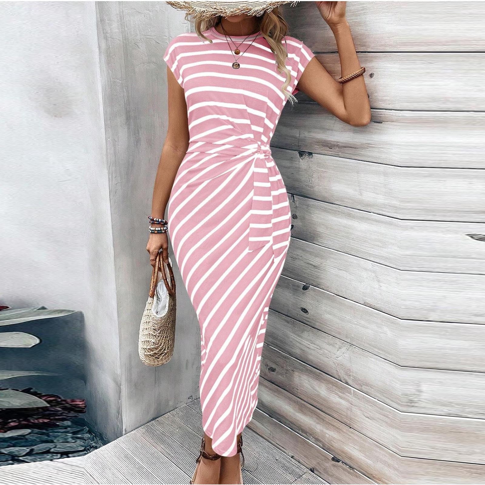 Chbgutlmr Striped Midi Dresses for Women Cap Sleeve Crew Neck Knot Side ...