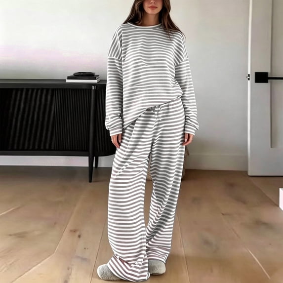 Chbgutlmr Stripped 2 Piece Outfits for Women Long Sleeve Crew Neck Tops Straight Leg Elastic Waist Pants Casual Loose Fall Comfy Sets