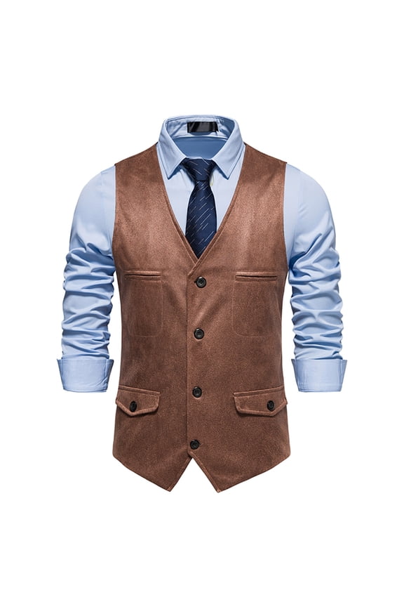 Suede Cowboy Vests for Men Button down V Neck Waistcoat with Pockets Casual Spring Formal Wedding Vests